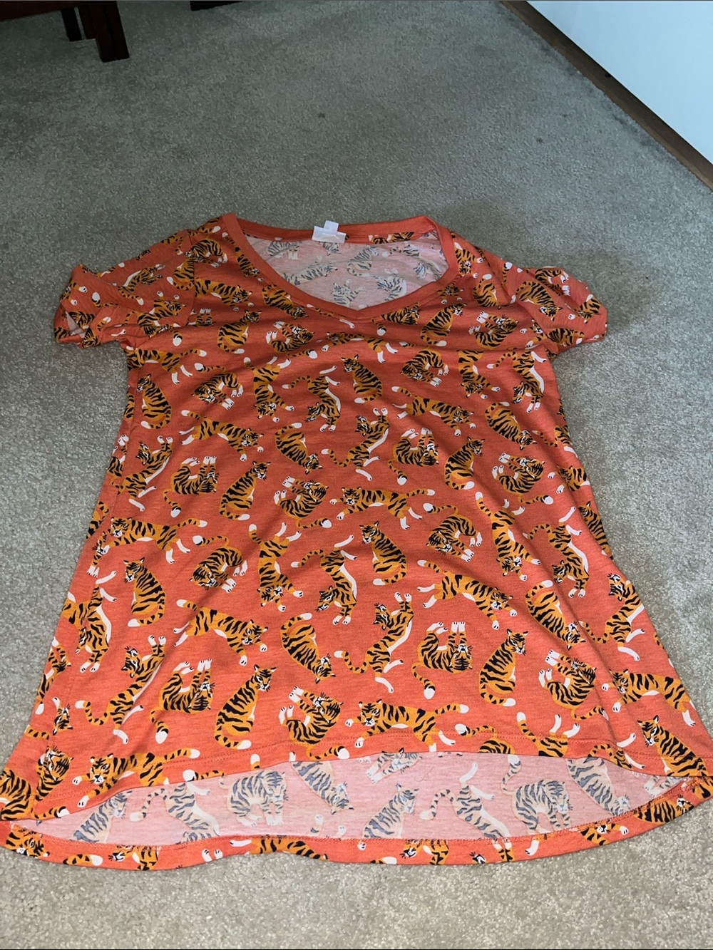 LuLaRoe Orange Tiger Print Short Sleeve V-Neck Top